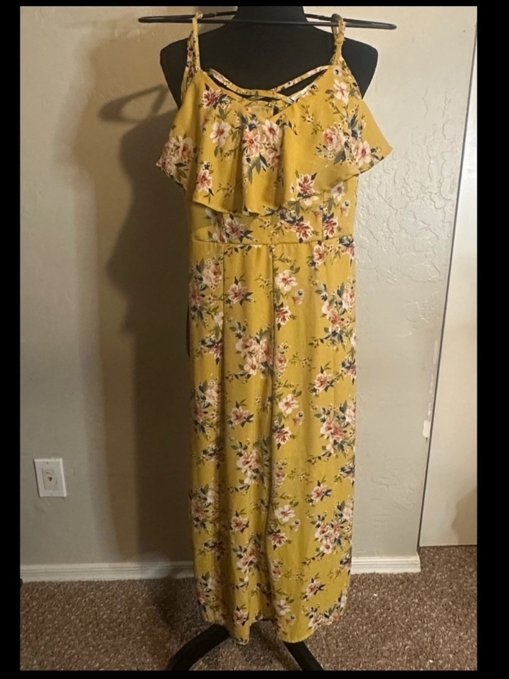 Vintage 70s Inspired Yellow Floral Ruffle Jumpsuit CrissCross Back Size Small